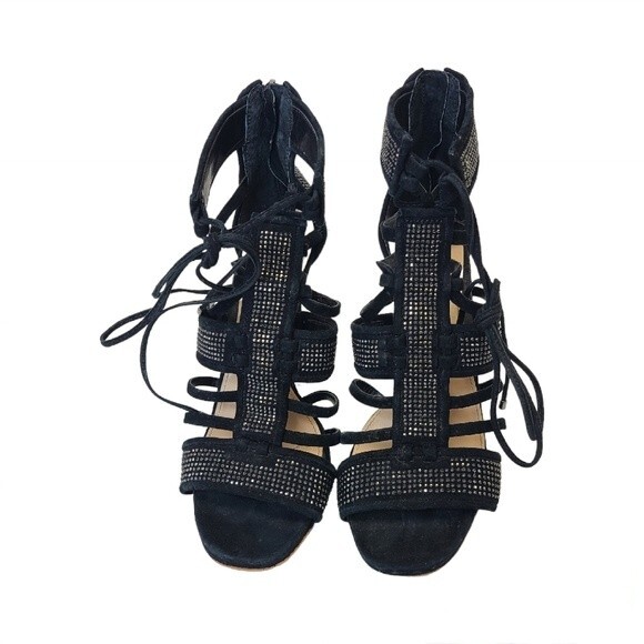 Vince Camuto Embellished Black Suede Caged Strappy Heels 7.5 - Picture 7 of 15